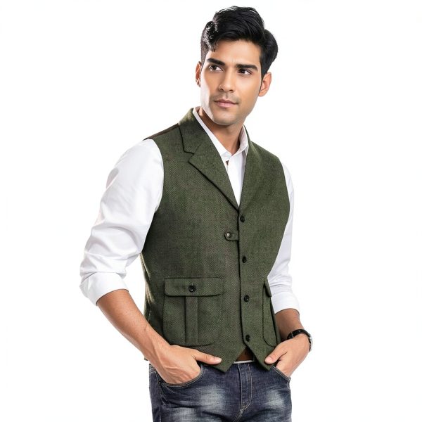 Men's Tweed Vest Retro Design Slim Fit Army Green Coffee-4
