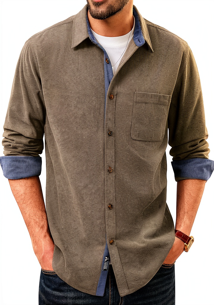 Men's corduroy button down shirt in Navy Blue color worn casually