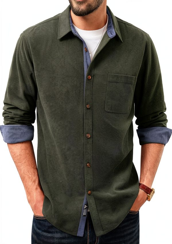 Mens Corduroy Button Down Shirt Soft Wrinkle Resistant Long-0