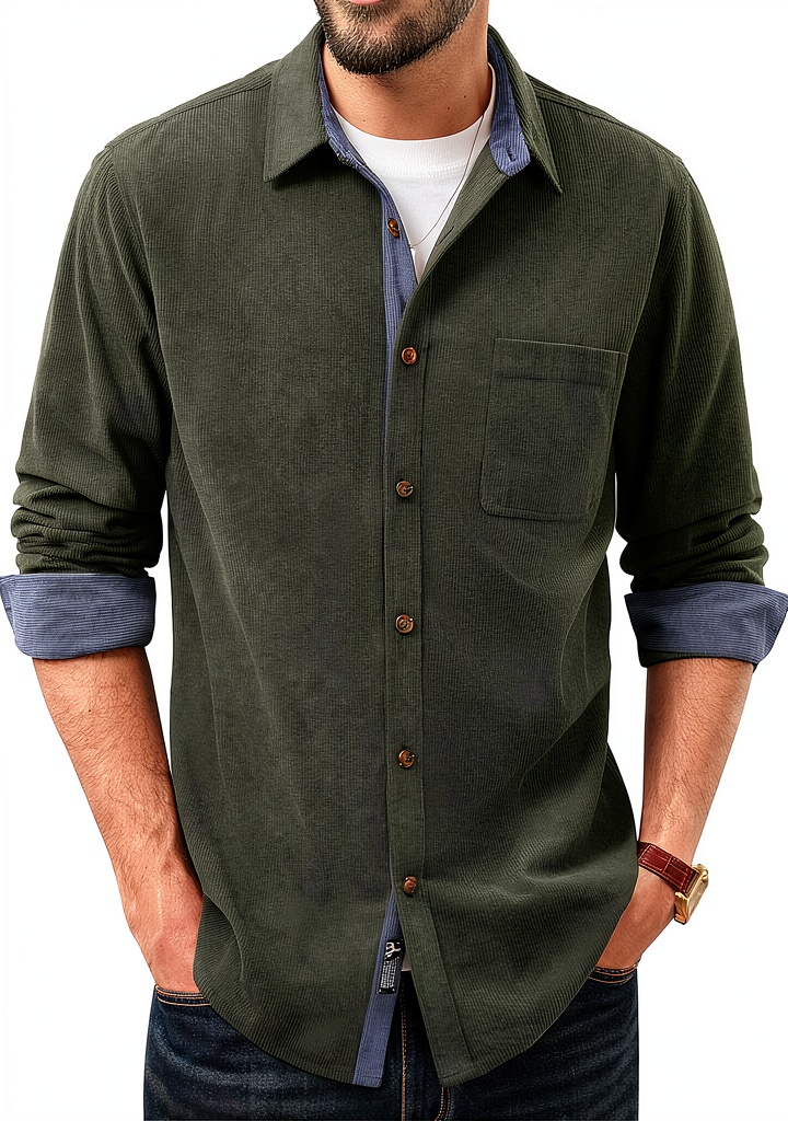 Real‑life context – model wearing Men's Corduroy Button Down Shirt Soft Wrinkle Resistant Long while loading a car trunk